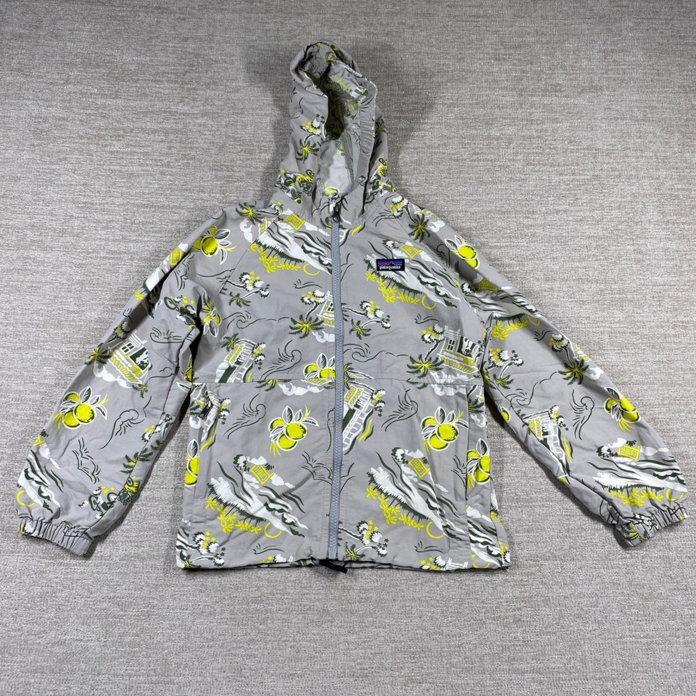Patagonia Baggies Jacket Kids S Gray C-Street Print Hooded Windbreaker Full Zip